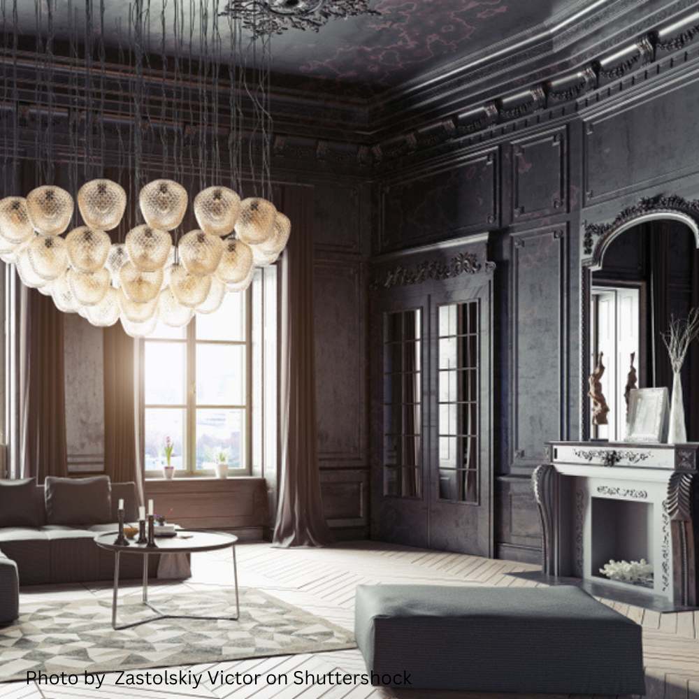 Gothic style interior of a home with huge chandelier