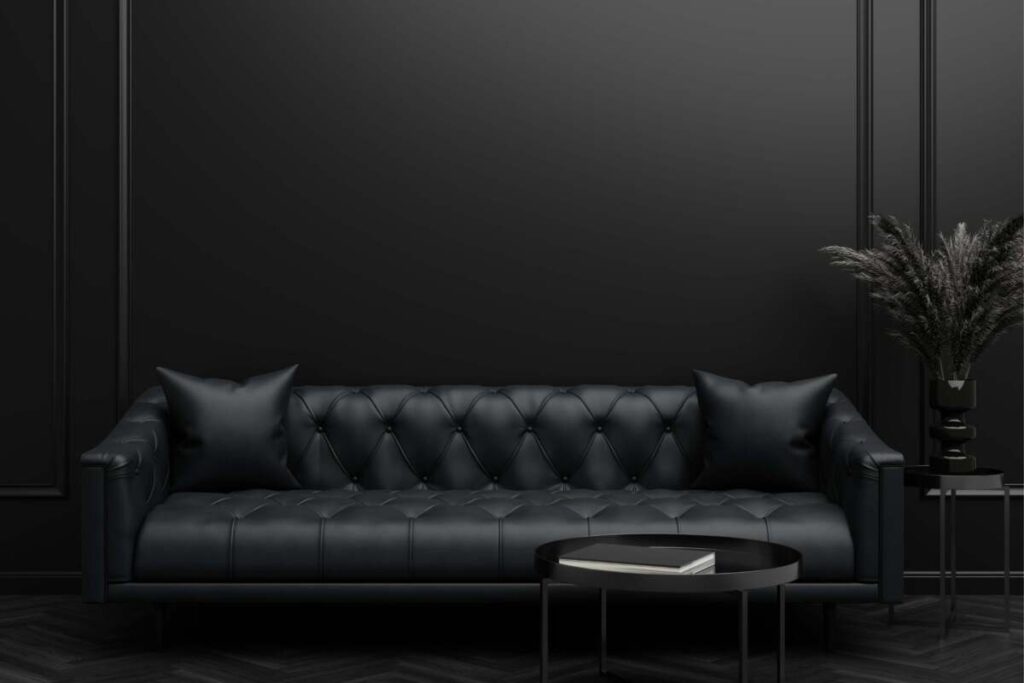 Black wall with black leather couch for gothic decor