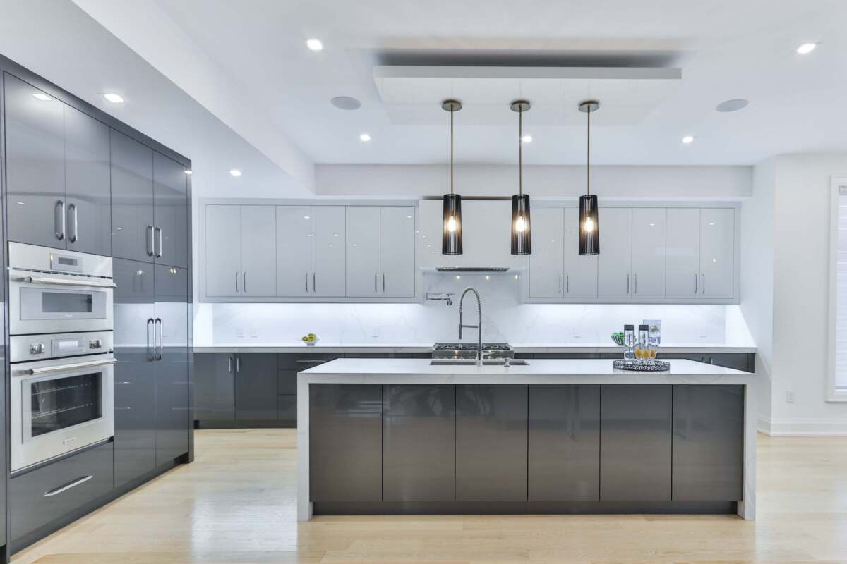 Expensive Luxurious white, gray and wood Kitchen