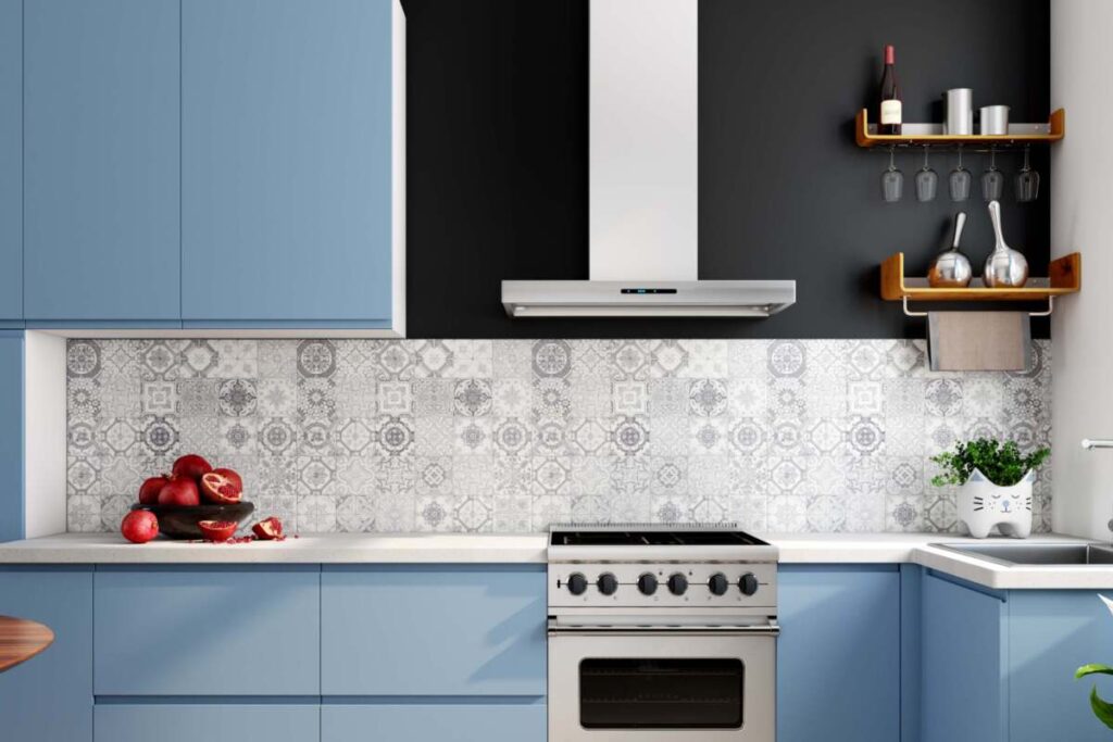 grey patterned wallpaper kitchen backsplash