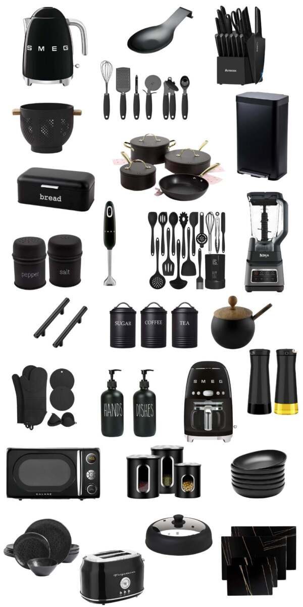 Black Kitchen Accessories, such as blender, toaster, pots, pans and butter dish
