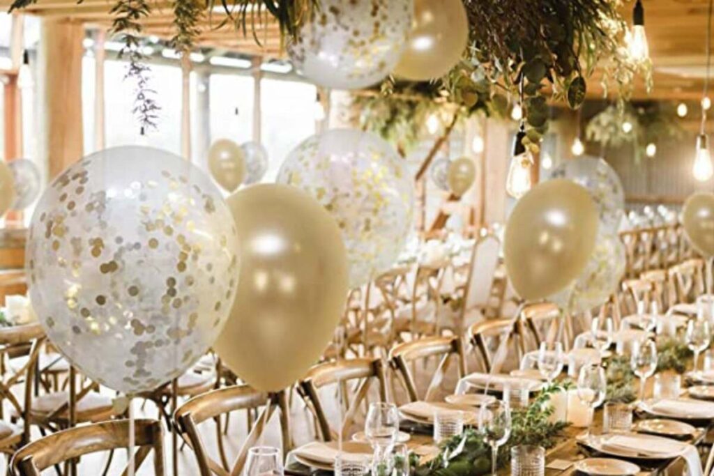 white and gold confetti balloons