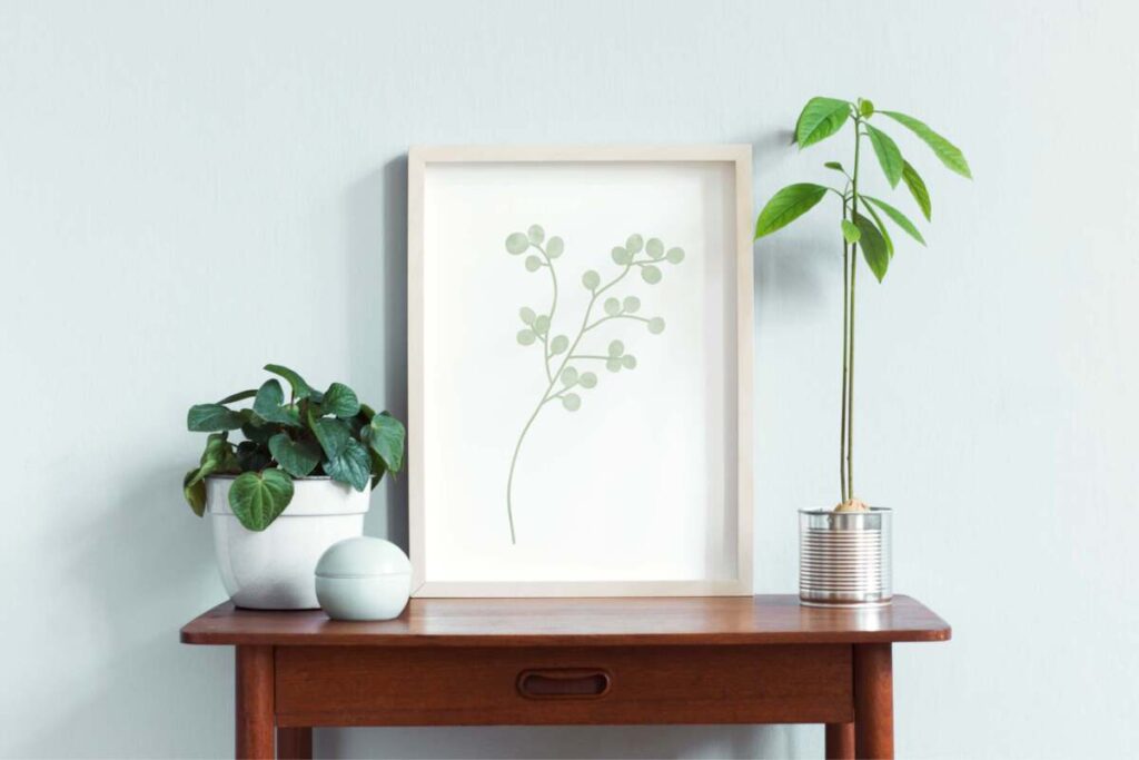 foyer console table with plants and wall art