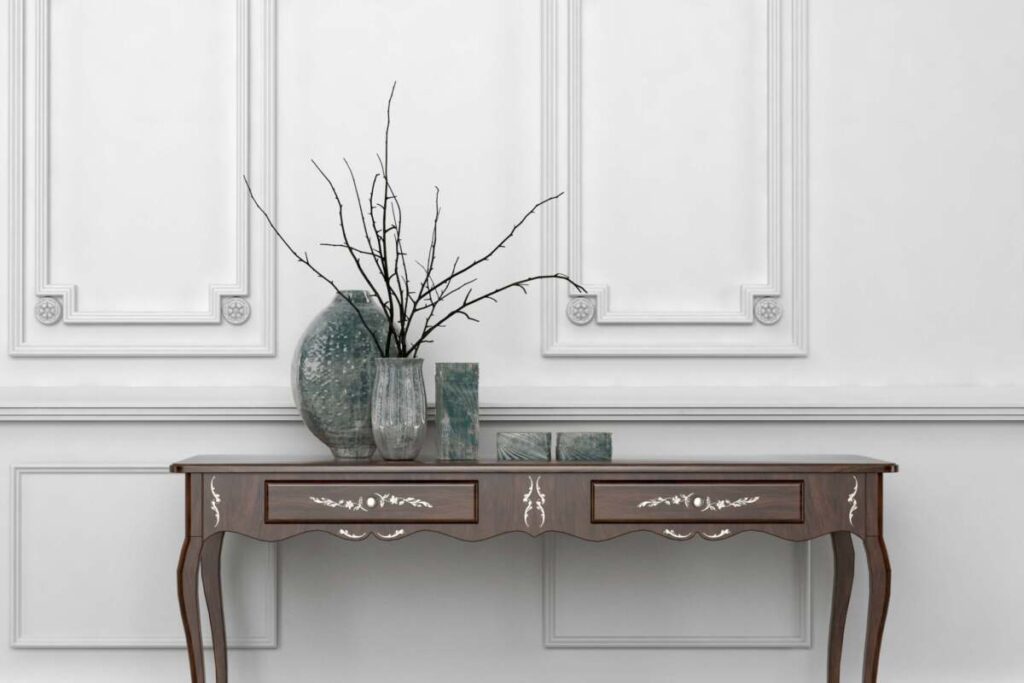 brown narrow front entrance console table