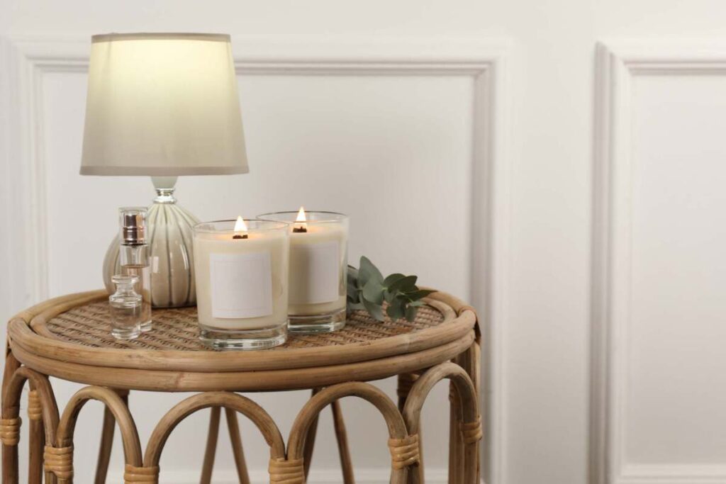 entryway with a table that has candles and table lamp