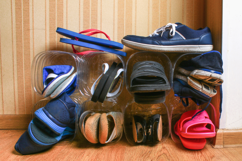 shoes stored in a plastic bottle