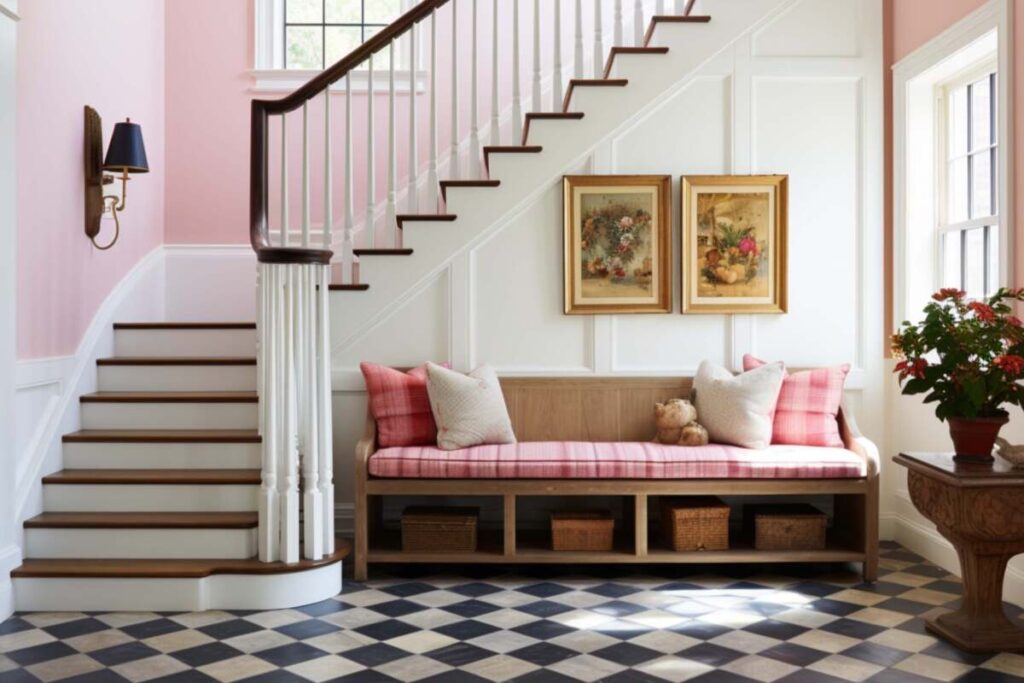 White and Pink bi-level entryway with black and white floors
