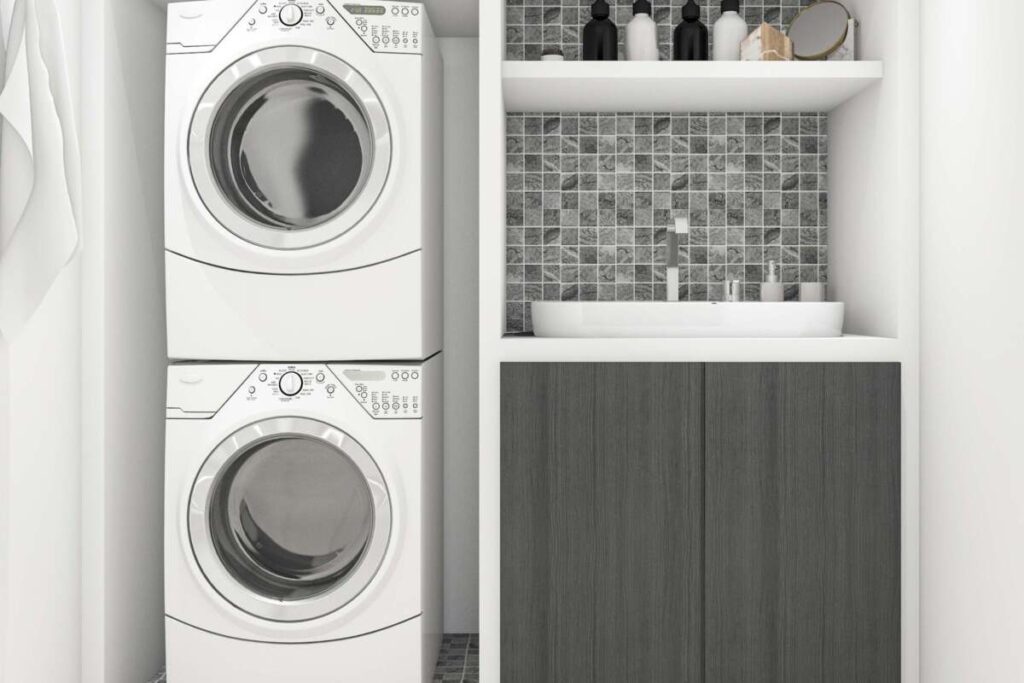 Small laundry room with stackable washer and dryer