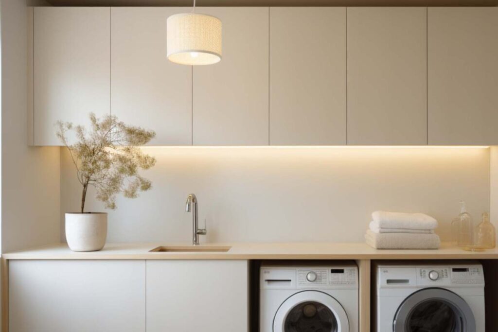 Small laundry room with light pendant