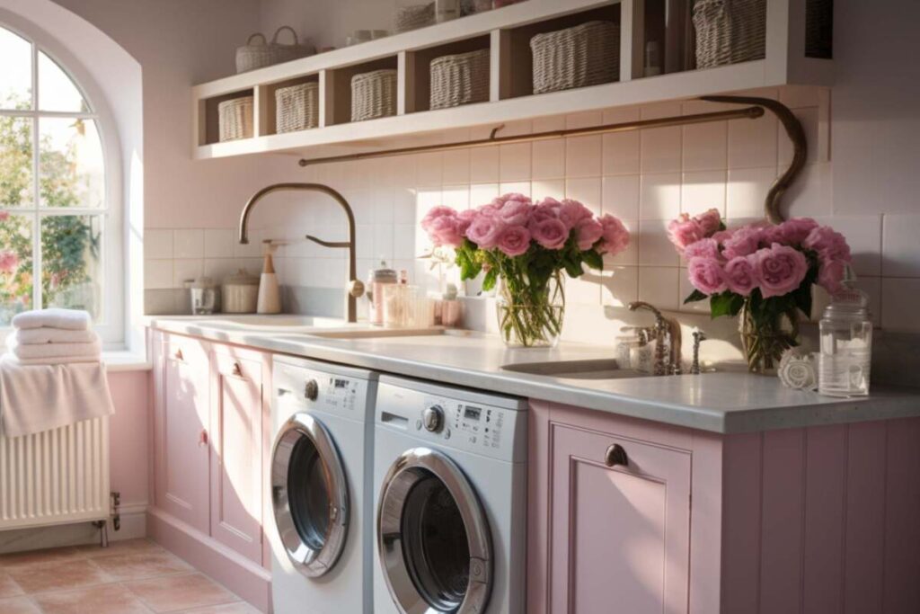 small laundry room with baskets