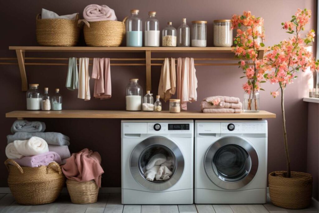 Small laundry room with floating shelves