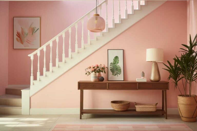 split-level entryway lighting with pink walls