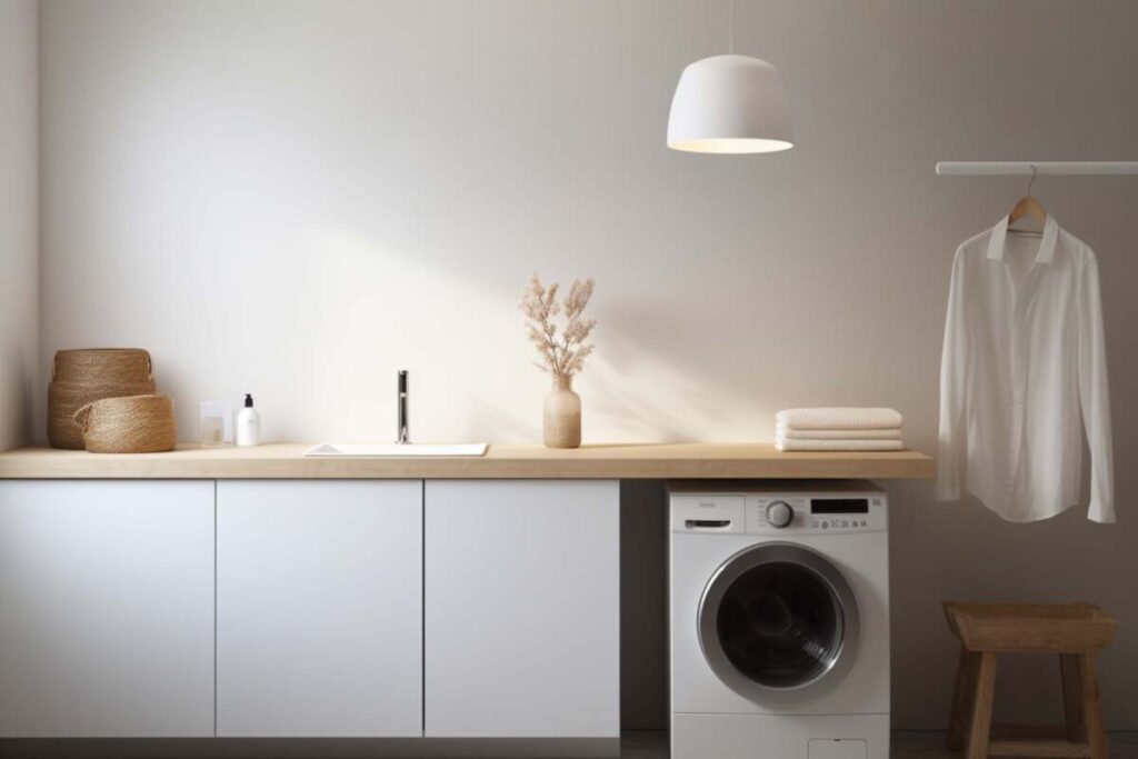 Laundry room with a pendant light