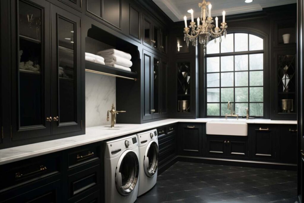 Laundry room with a chandelier
