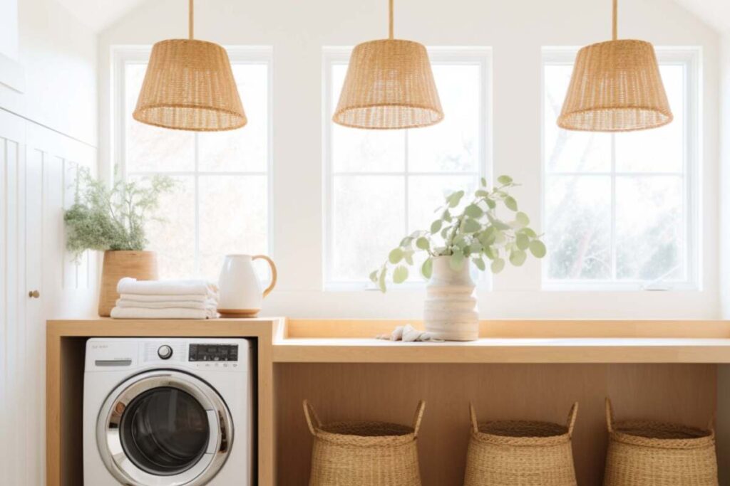 Laundry room with rattan light fixtures