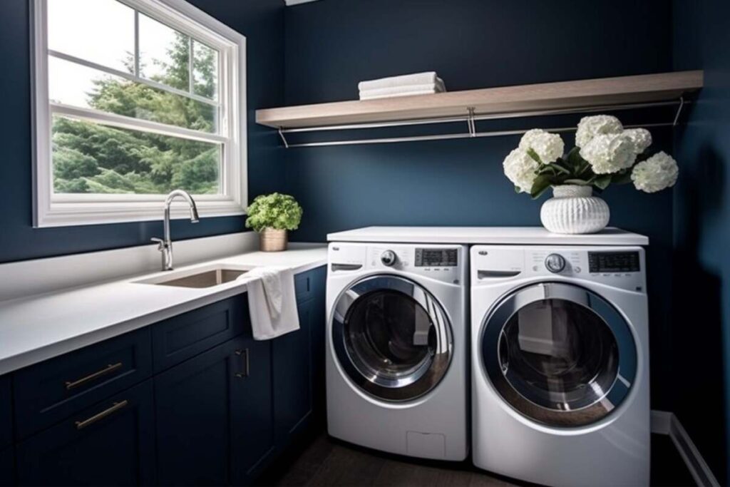 Laundry room with navy blue painted walls