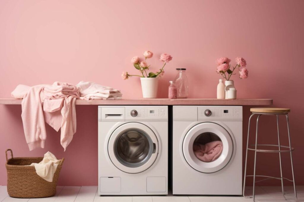 Laundry room with blush pink painted walls