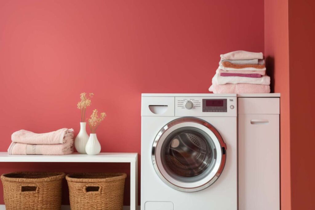 Laundry room with red painted walls