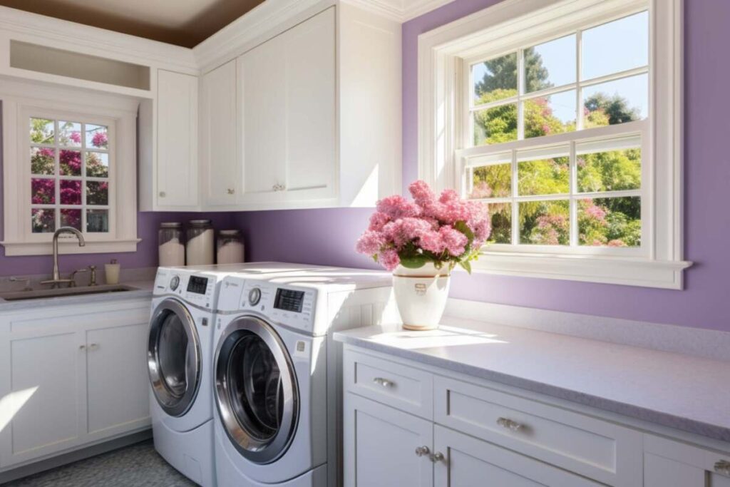 Laundry room with lavender painted walls