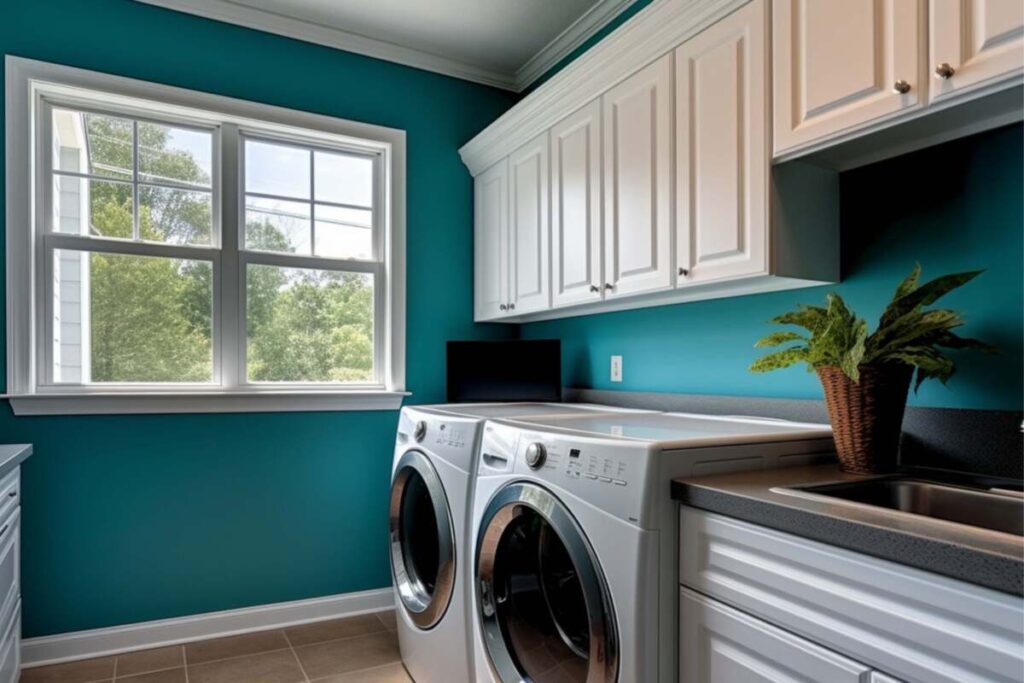 Laundry room with teal painted walls