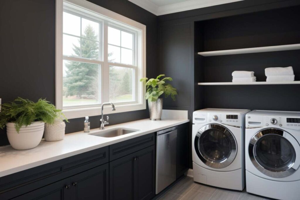 Laundry room with black painted walls
