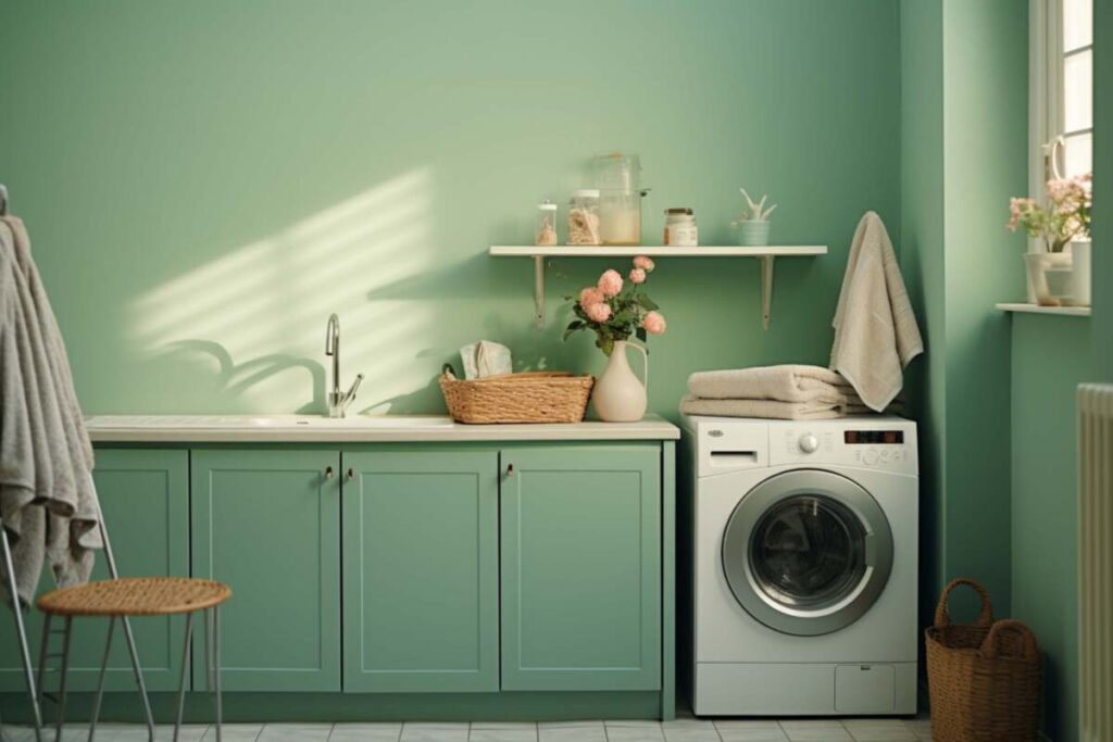 Laundry room with mint green painted walls