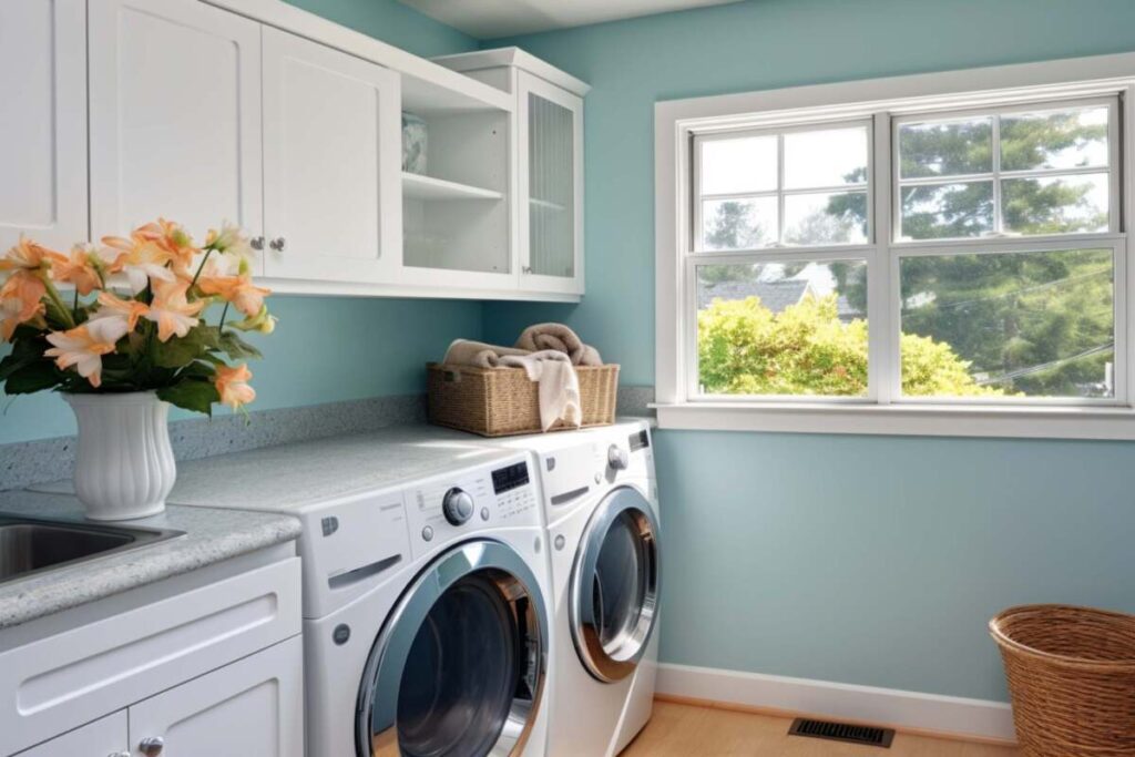 Laundry room with light blue painted walls