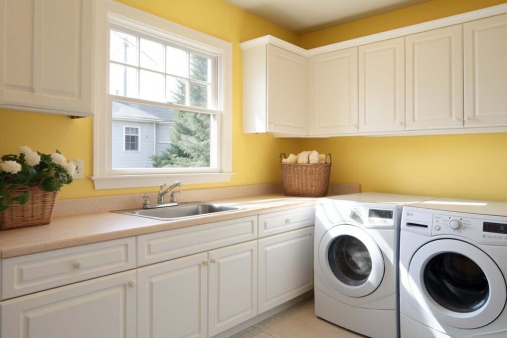 Laundry room with yellow painted walls