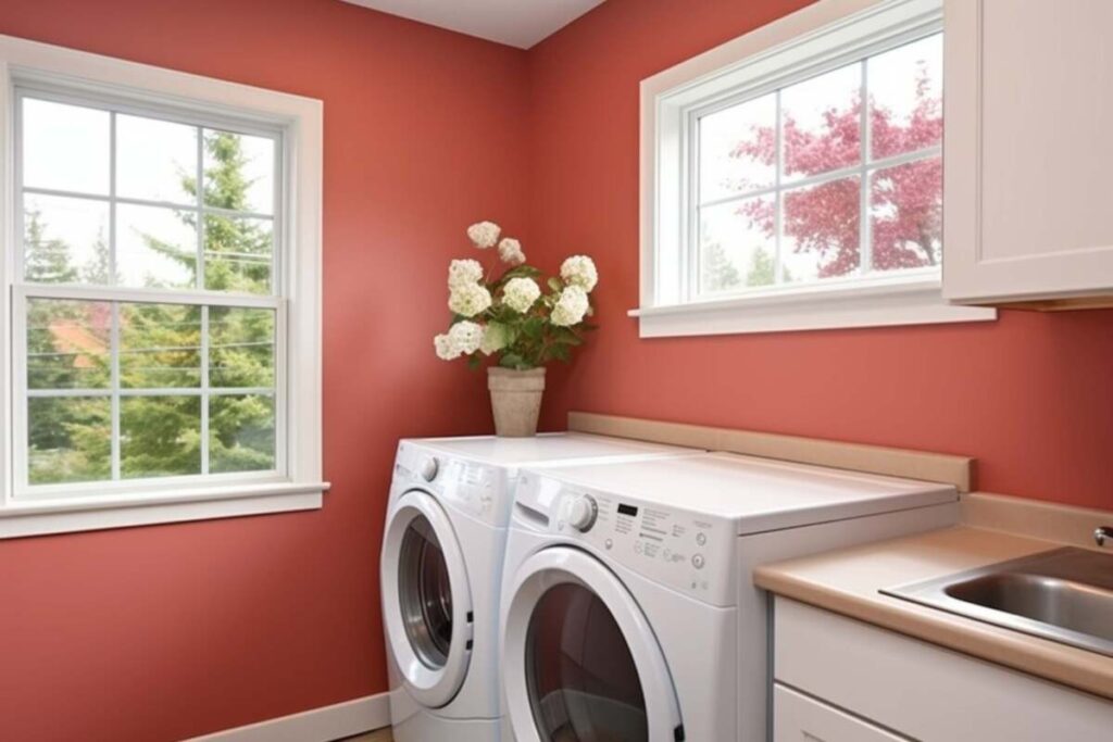 Laundry room with coral painted walls