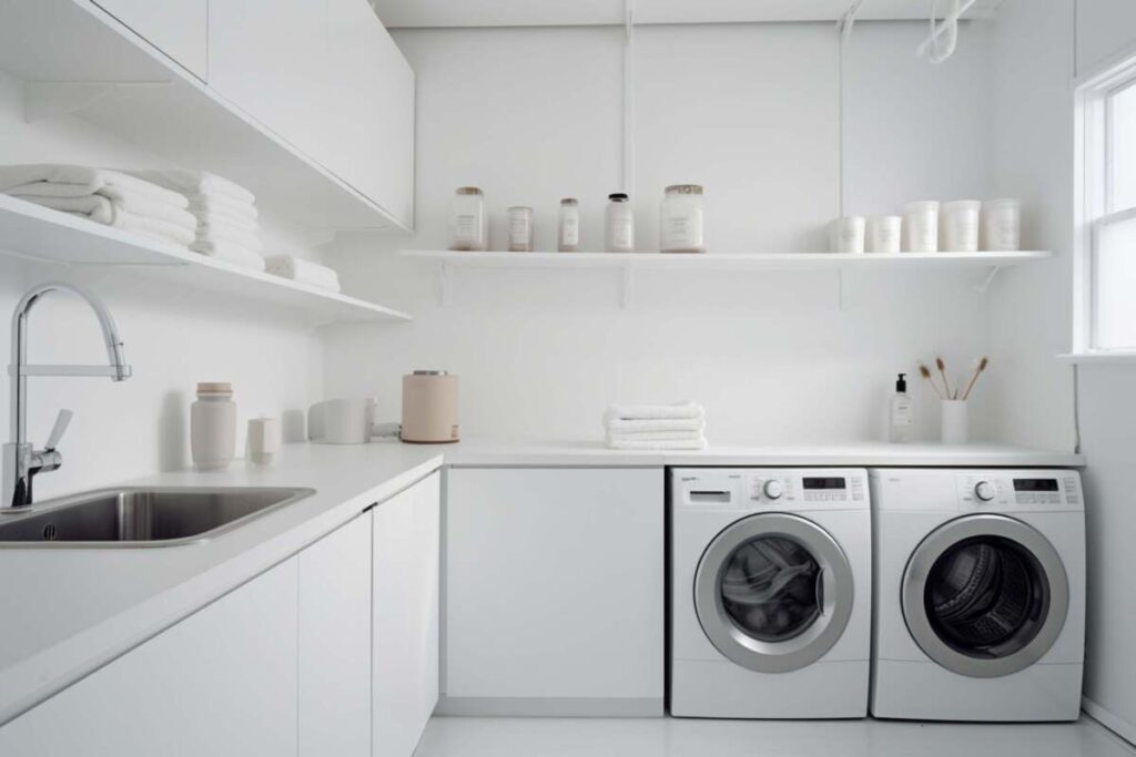 Laundry room with white painted walls
