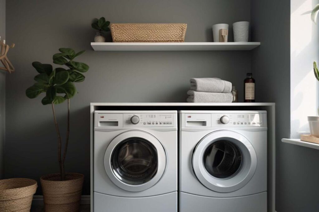 Laundry room with dark grey painted walls