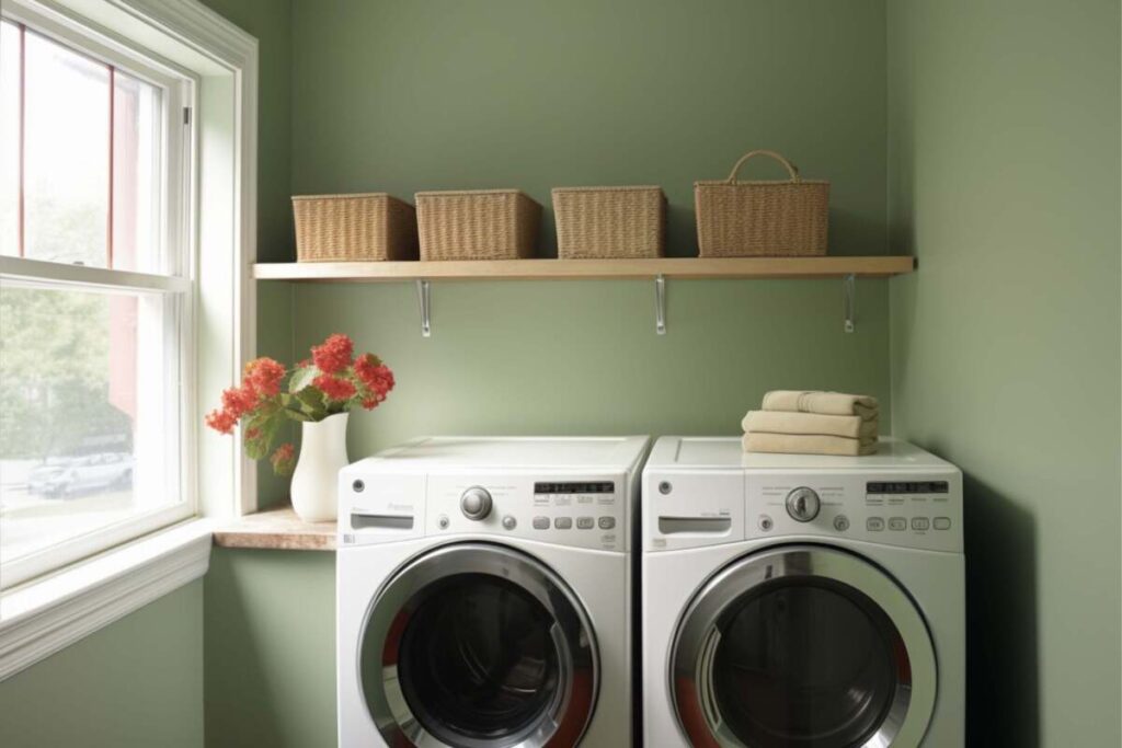 Laundry room with sage green painted walls