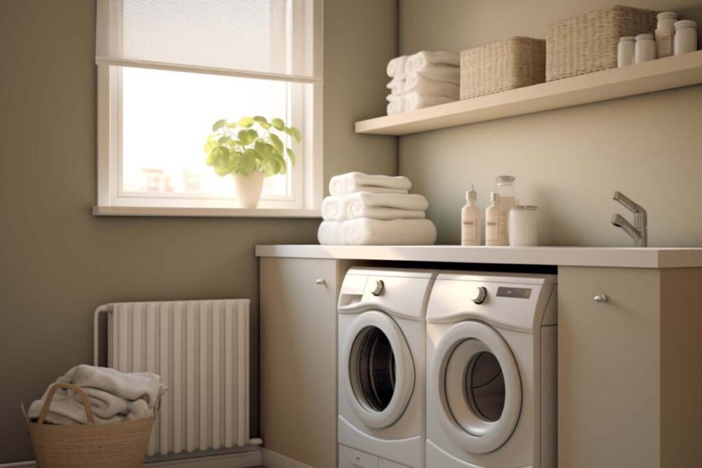 Laundry room with beige and cream painted walls