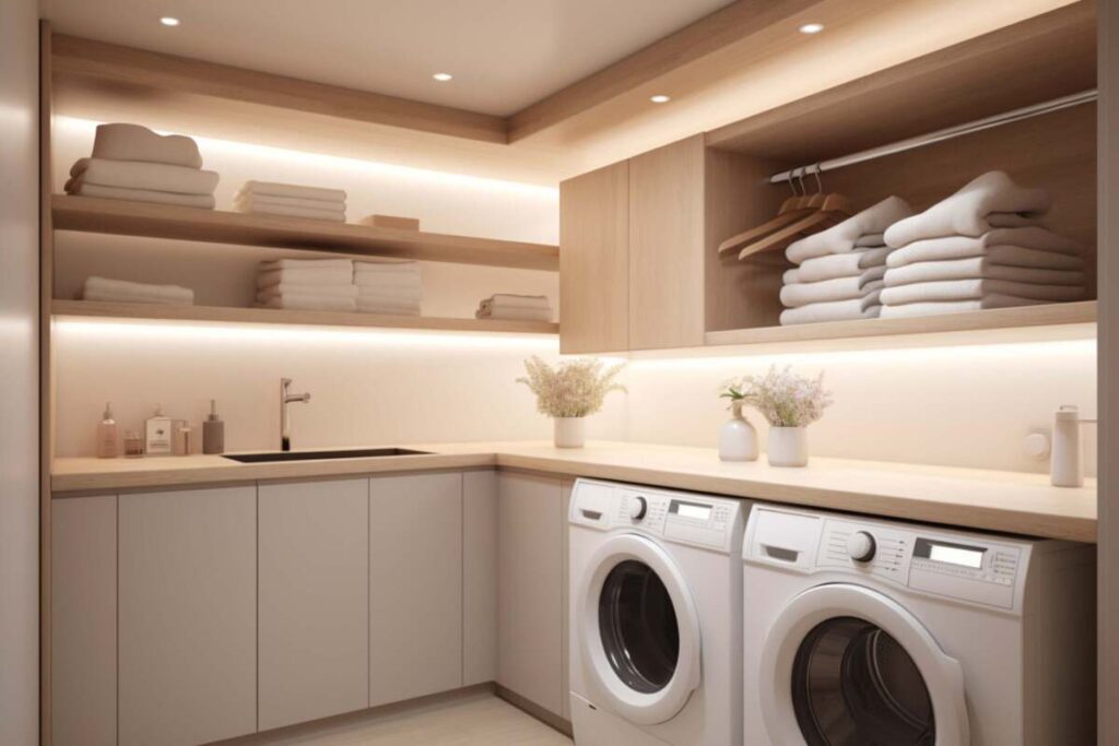 Small laundry room with recessed lighting