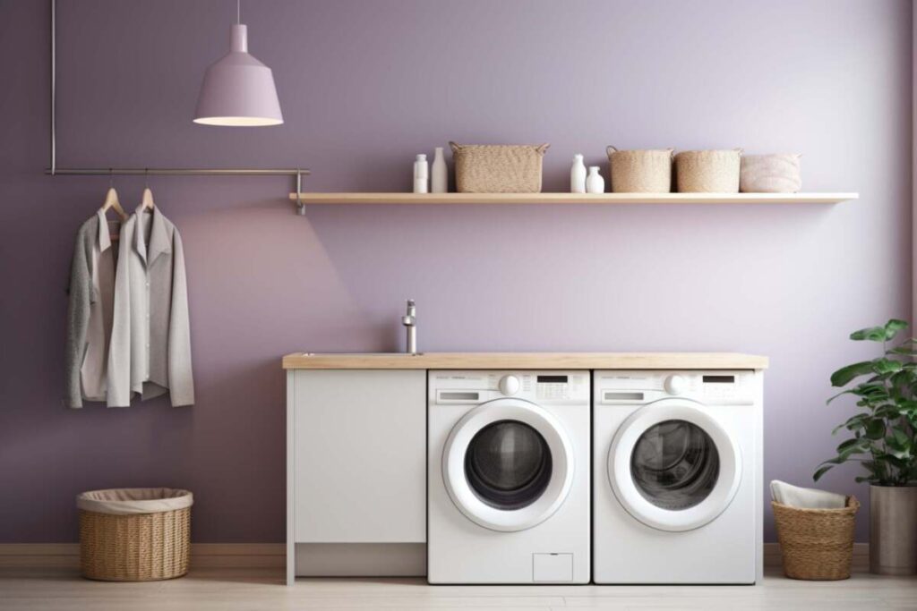 Purple small laundry room with pendant lights