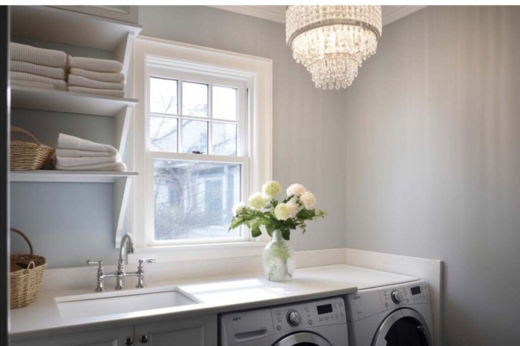 White small laundry room with a chandelier