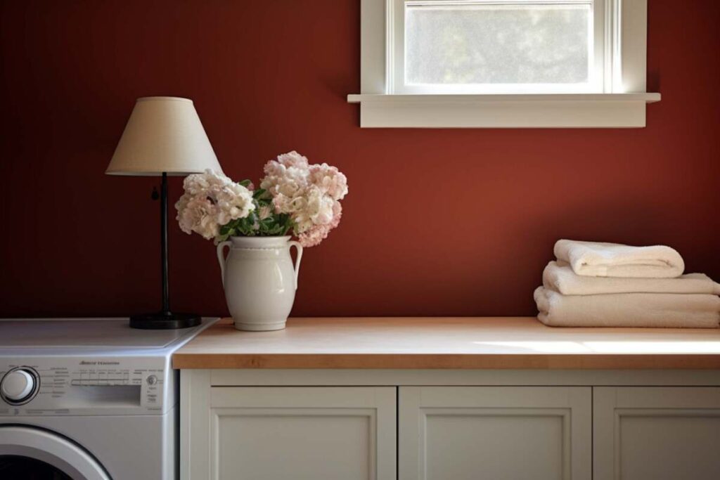 Red small laundry room with a table lamp