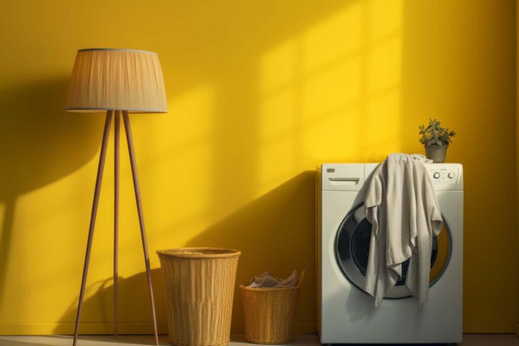 Yellow small laundry room with a floor lamp