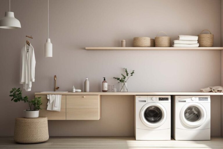 Beige small laundry room with a pendant light