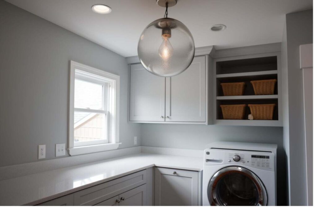 small laundry room with a round light