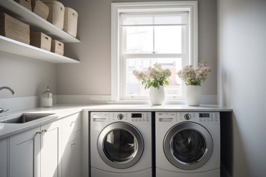 small laundry room with a window