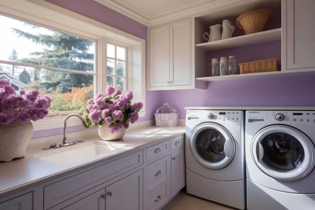 Small laundry room with lavender wall paint