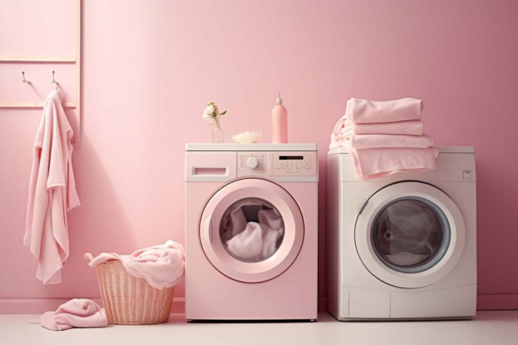 Small laundry room with light pink wall paint