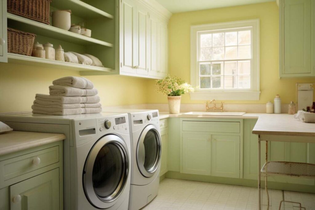 Small laundry room with pistachio wall paint