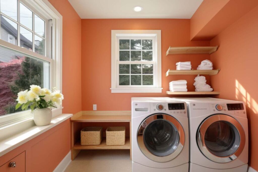 Small laundry room with peach wall paint