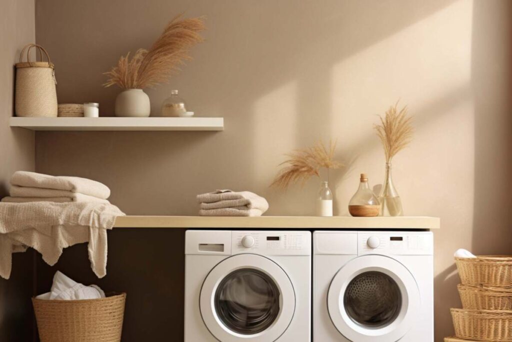 Small laundry room with light brown wall paint