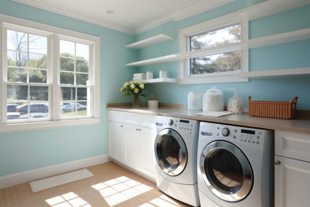 Small laundry with light blue wall paint