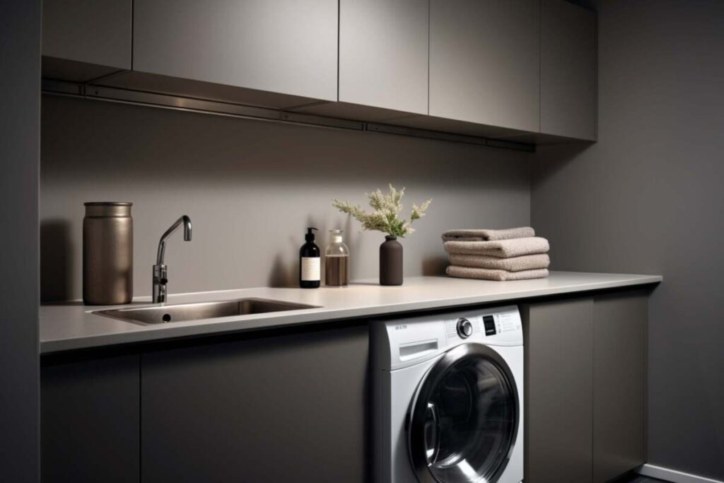 Small laundry with grey wall paint