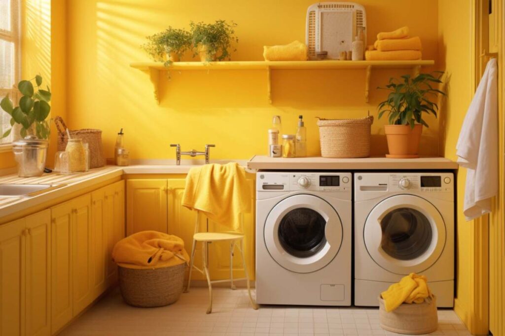 Small laundry room with yellow wall paint