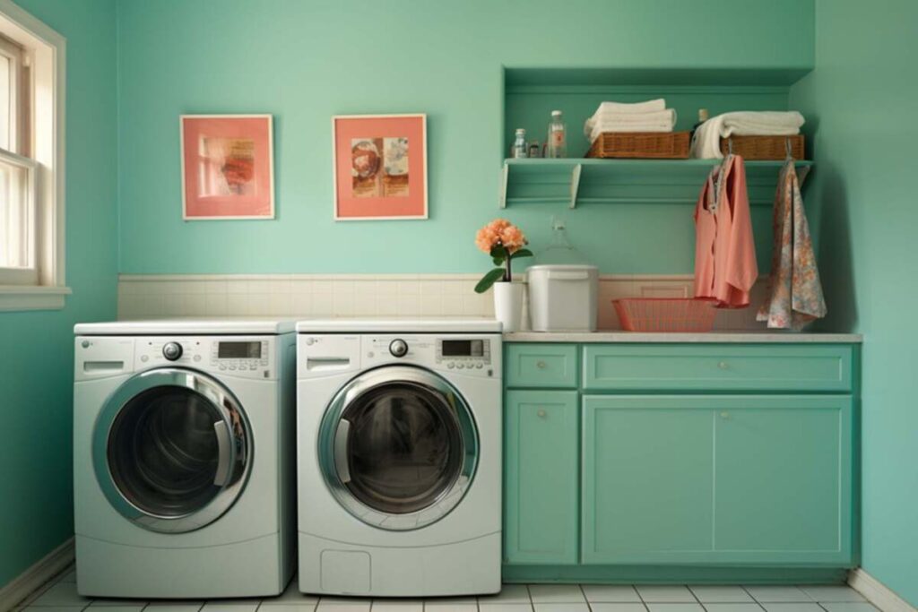 Small laundry room with pastel green wall paint